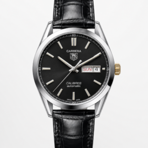 Black Day-Date Leather Strap Watch - Image 1
